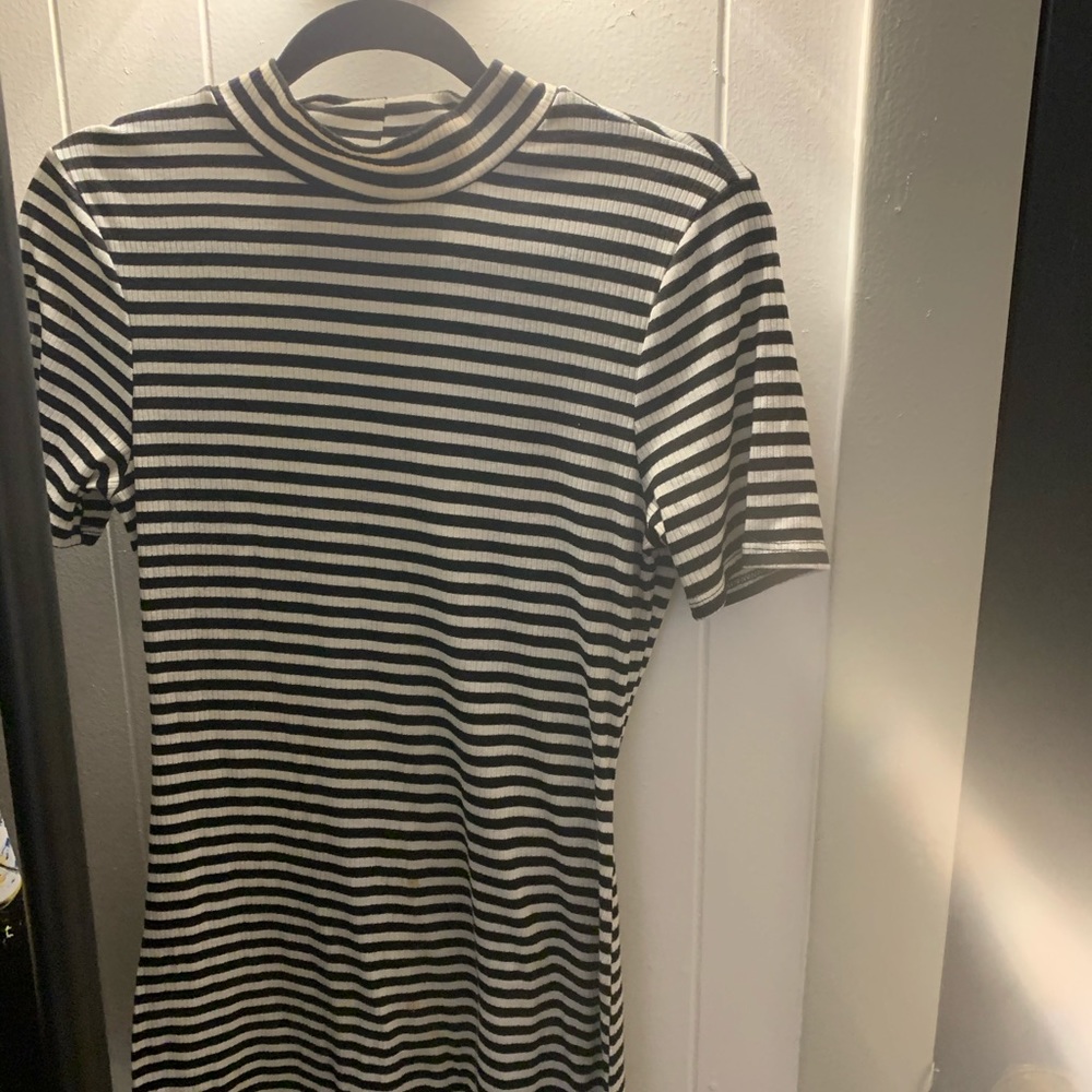 Black and white striped stretchy high neck dress